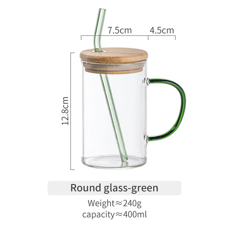 600ML/400ML Square round Mug with Lid and Straw Monochrome Handle Layered High Borosilicate Glass Iced Coffee Milk Bubble Tea