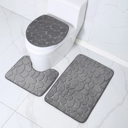 Toilet Seat Cover 3Pcs Set Bath Mat Shower Room Floor Rug Home Bathroom Anti-Slip Absorbent Doormat Pebbles Bathtub Decor Carpet