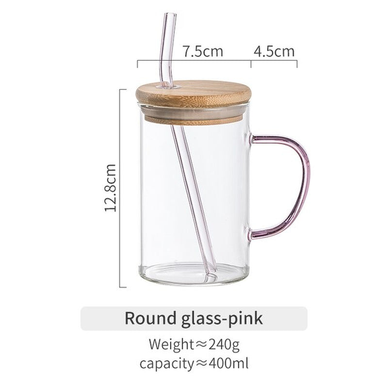 600ML/400ML Square round Mug with Lid and Straw Monochrome Handle Layered High Borosilicate Glass Iced Coffee Milk Bubble Tea