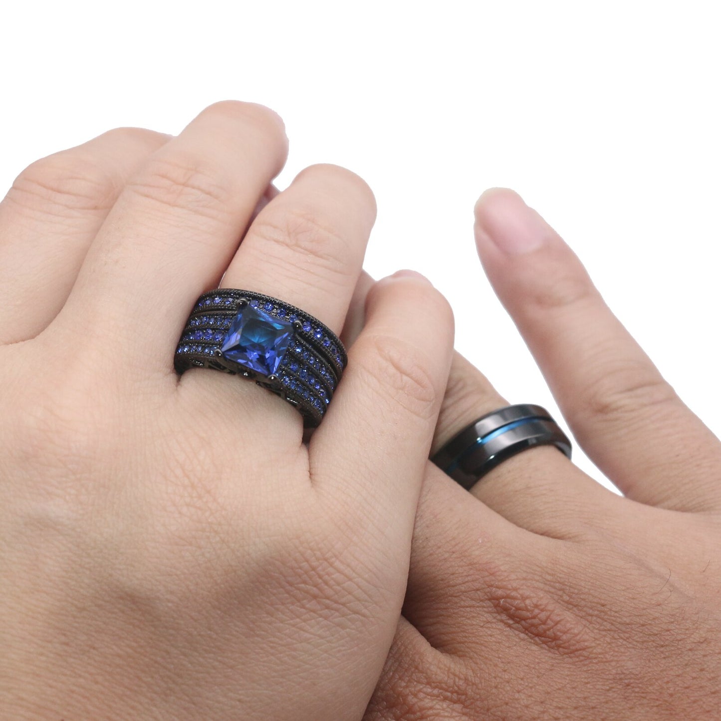 Romantic Blue Rhinestone Couples Ring Set for Women and Men - Trendy Stainless Steel Fashion Jewelry for Lover Gifts