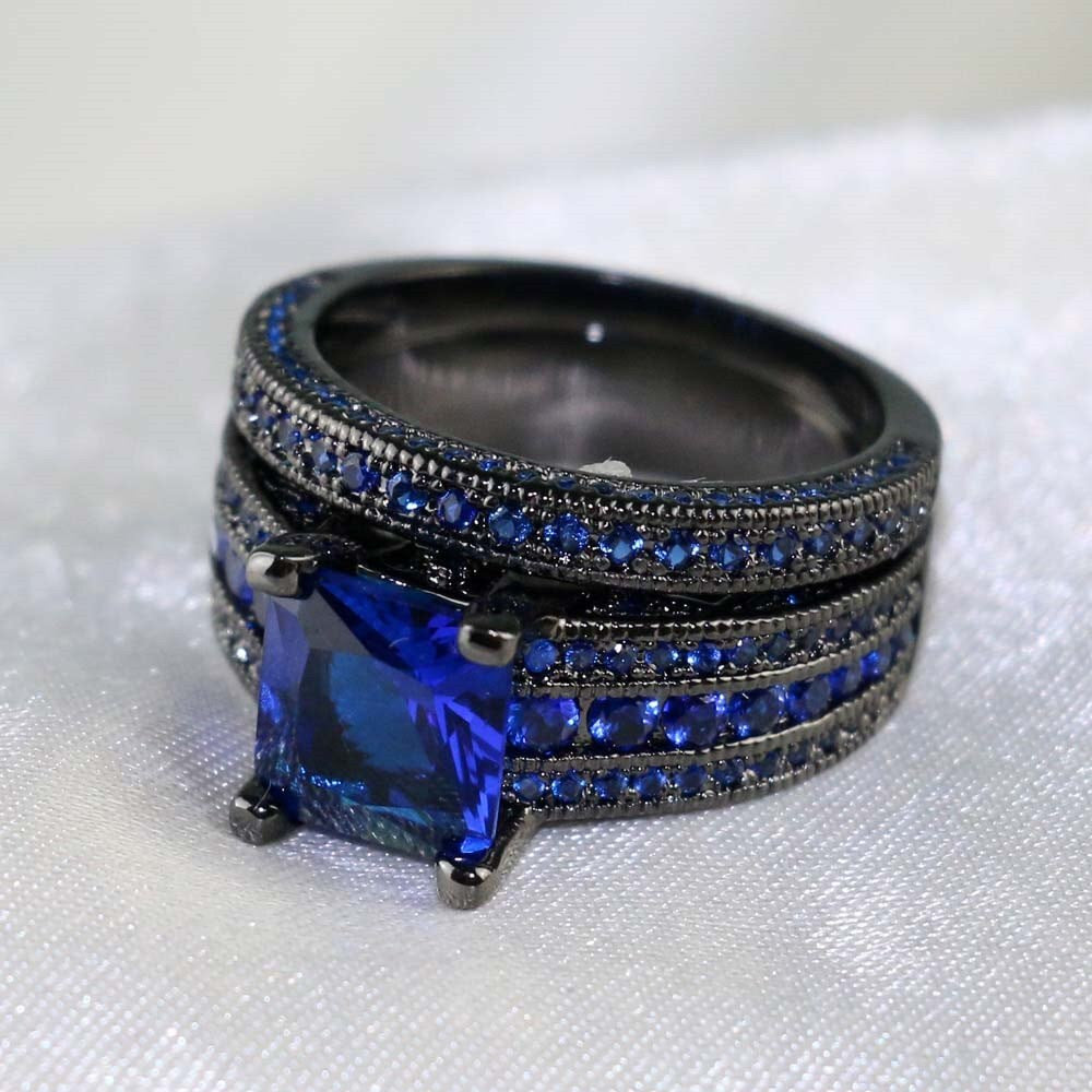Romantic Blue Rhinestone Couples Ring Set for Women and Men - Trendy Stainless Steel Fashion Jewelry for Lover Gifts